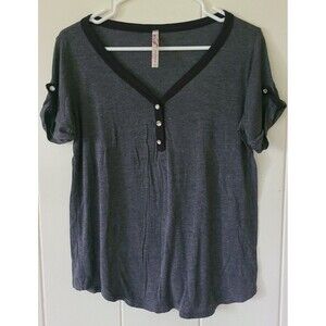 Andrea Missy Women S Gray Tee Vneck Flowy Short Roll Sleeve wRhinestone Buttons
